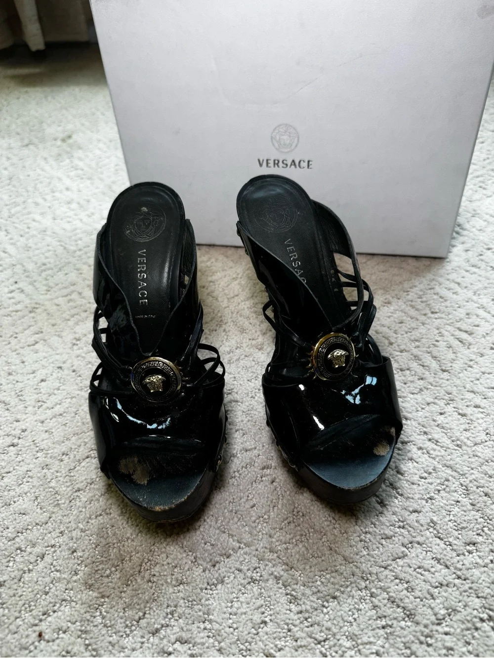 Versace Black Patent Leather and Wooden Platform Medusa Sandals Size 36